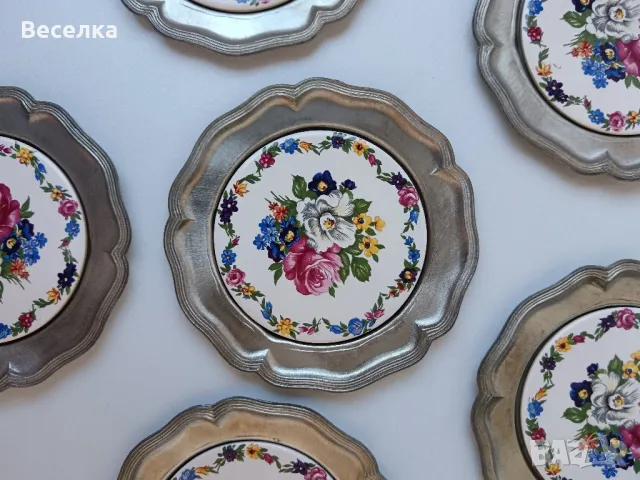 6 бр. калаени чинийки с порцеланови плочки, снимка 3 - Антикварни и старинни предмети - 49890212