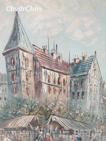 75х65см/голяма картина масло върху платно/градски пейзаж-пазар/дървена рамка, снимка 3 - Картини - 51176983