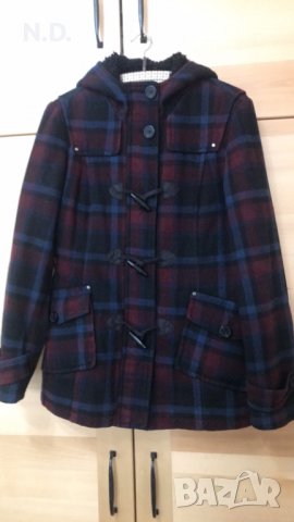 Карирано дамско/тийнеджърско зимно вълнено палто с качулка, размер S, снимка 1 - Палта, манта - 38974507