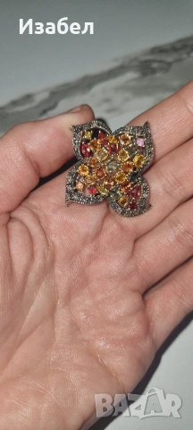 Пръстен с цветни сапфири и диаманти, снимка 2 - Пръстени - 53596488