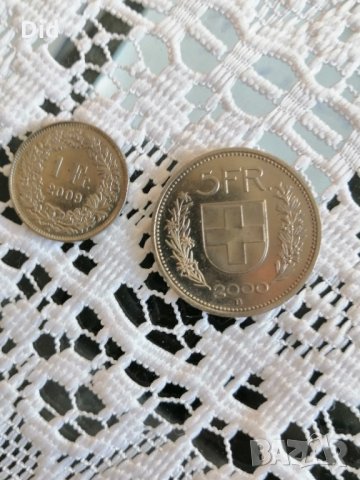 2 монети от 1 и 5 швейцарски франка, снимка 1 - Нумизматика и бонистика - 33626365