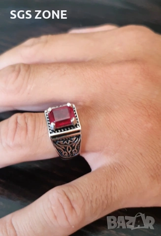 Мъжки сребърен пръстен с рубин от Тайланд, снимка 2 - Пръстени - 53383988