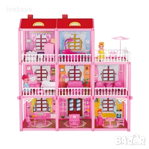 Детска триетажна къща с кукли и обзавеждане - Код 5627