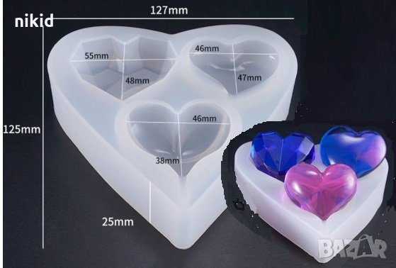 3 дълбоки сърца сърце прозрачен силиконов молд форма калъп фондан шоколад гипс смола сапун, снимка 1 - Форми - 27653527