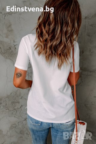 Дамска блуза в бяло с къс ръкав и етно мотиви, снимка 3 - Тениски - 40828333