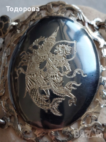 Автентична сребърна 925 гривна(sterling silver)поставени емайлирани плочки-1920 г.отлично състояние, снимка 3 - Гривни - 52847553