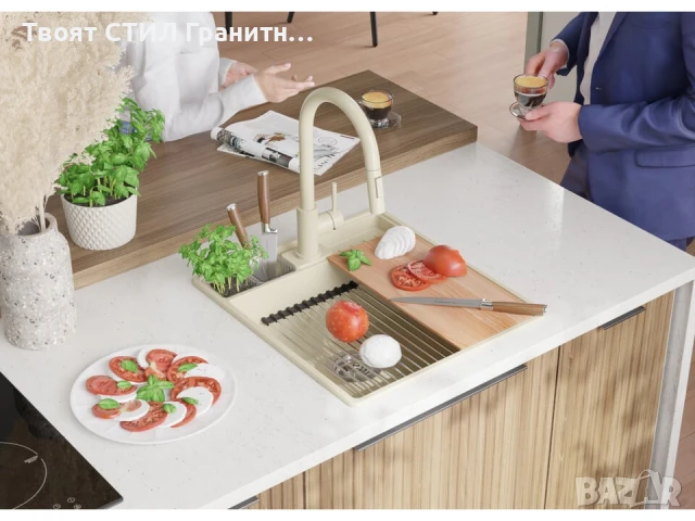 Беж кухненска гранитна мивка Ню Йорк 50 Multispace 480 x 530 мм, снимка 4 - Мивки - 51286143