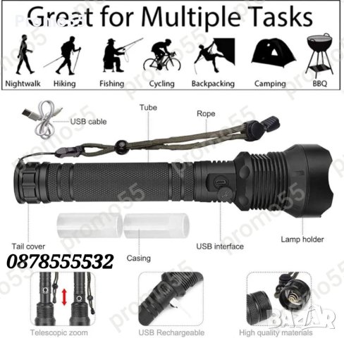 USB Акумулаторен лед фенер Police 900 000W водоустойчив с увеличение, снимка 4 - Къмпинг осветление - 43939547