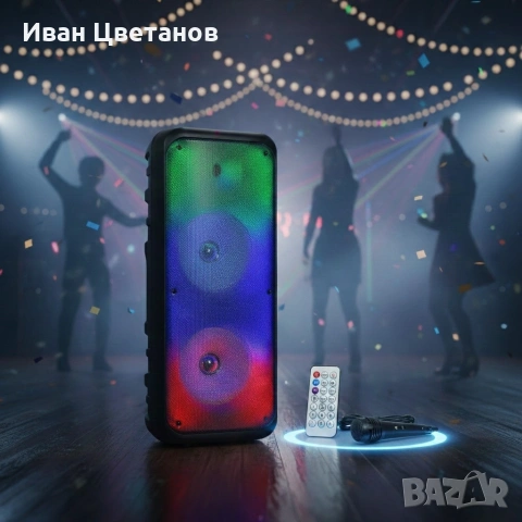Безжична RGB тонколона – 2×8″ говорителя, Bluetooth, 1200 W, батерия 3000 mAh