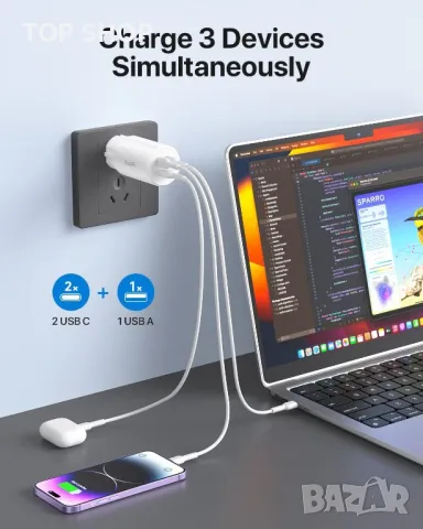 SooPii USB C зарядно устройство, 65 W бързо компактно GAN зарядно устройство с 3 порта USB C зарядно, снимка 6 - Оригинални зарядни - 49092990