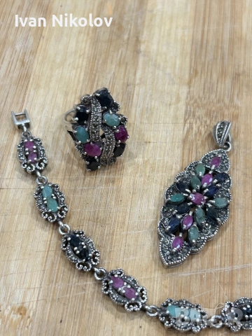 Невероятен дамски сребърен комплект с естествени камъни Арт деко, снимка 2 - Колиета, медальони, синджири - 52203875