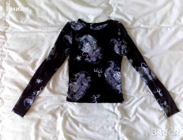 Прозрачна блуза с щампа на китайски дракони р-р XS, снимка 2 - Блузи с дълъг ръкав и пуловери - 35227341