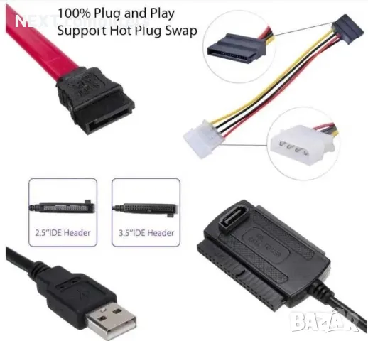 USB Кабел за връзка към диск 2.5"/3.5" SATA/IDE HDD/DVD/SSD + Гаранция, снимка 4 - Кабели и адаптери - 47901704