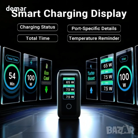 Зарядно устройство MINIX 100W USB C, 3-портово GaN, интелигентен дисплей и сензорно управление, снимка 4 - Друга електроника - 53411423