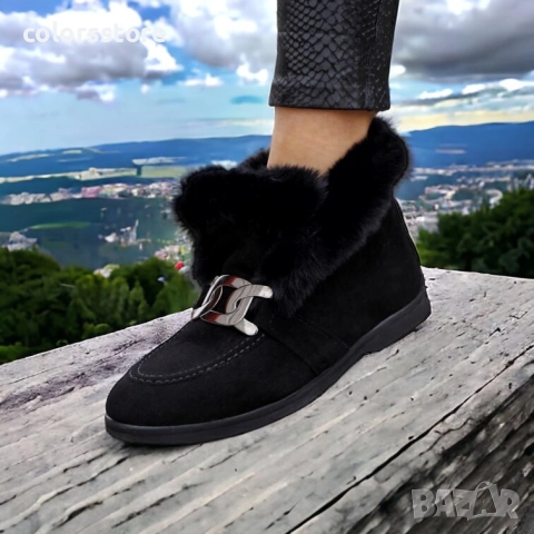 Равни боти - черен велур с черен ЕСТЕСТВЕН пух - TJ20