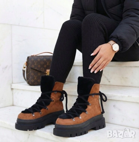 Боти на платформа - кафяво и черно велур - BPUH1 