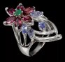 Зашеметяващ  сребърен пръстен с Изумруд,Червени Гранати и Танзанити, снимка 1 - Пръстени - 37076729
