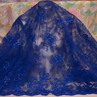 Плат дантела Armani с камъни и перлички цвят турско синьо синьо, снимка 2 - Рокли - 27660545