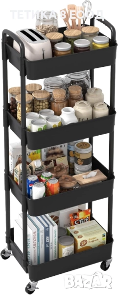 Количка с колела, 4 рафта, 39 x 29 x 104 см, пластмаса/метал, черна, снимка 1