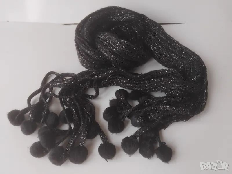 Елегантен черен шал с ламе и помпони, снимка 1