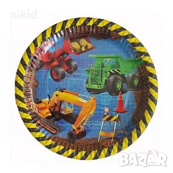 Строителни машини багер багери камион 8 бр големи парти чинии чинийки рожден ден, снимка 1
