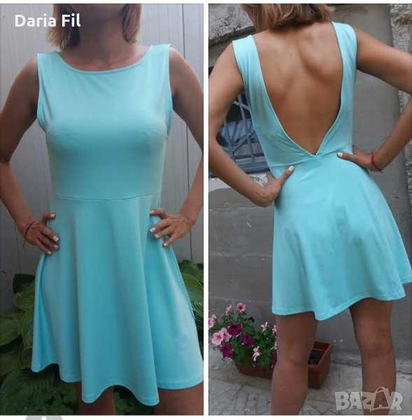 Кукленска рокличка в цвят аква с отворен гръб, снимка 1