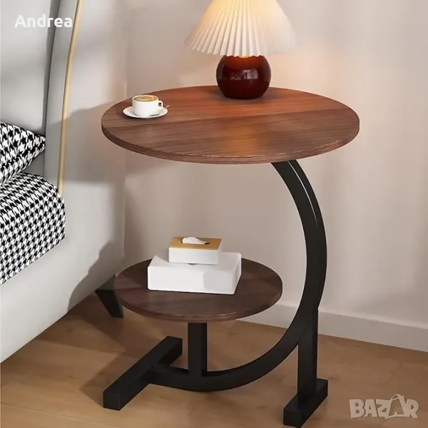 Двуетажна дървена C-образна ъглова помощна масичка, снимка 1