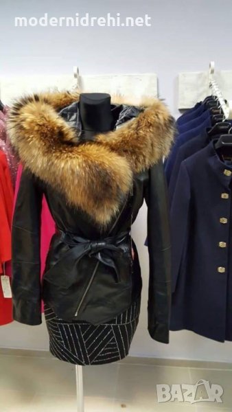 Дамско луксозно палто кожа и лисица черно, снимка 1