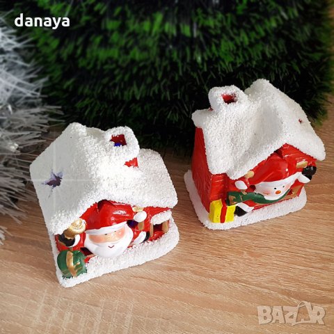 Светеща керамична къщичка с Дядо Коледа и Снежко светеща коледна украса, снимка 4 - Декорация за дома - 26676114