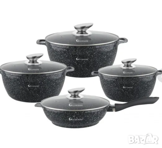 Комплект тенджери Goldmann -2.3\4.5\6.5\2.3L., Лят алуминий, Мраморно покр.,  отвътре/отвън, снимка 1