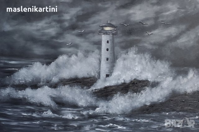 Бушуващите вълни край морския фар маслена картина