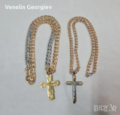 Стоманен синджир с кръс в цвят злато 2бр, 56см. / 60см.