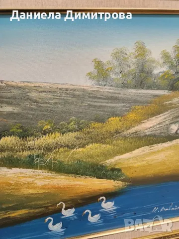 Картина, пейзаж с лебеди и рамка с барокови орнаменти, снимка 6 - Картини - 48405094