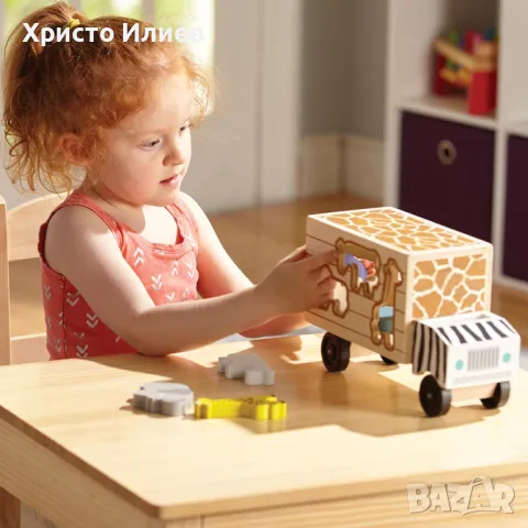  Дървен камион сортер Сафари с форми животни Melissa & Doug, снимка 2 - Образователни игри - 49288805