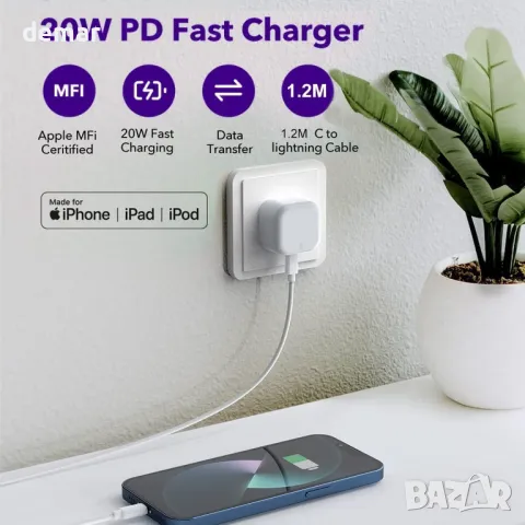 Бързо зарядно устройство за iPhone, 20 W USB C щепсел с кабел 1M, снимка 6 - Друга електроника - 49256031