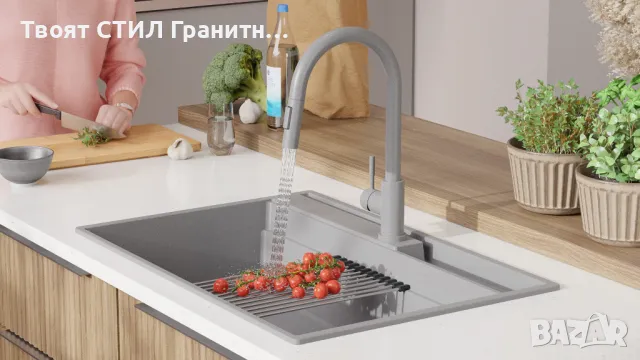 Сива кухненска мивка от гранит Осло 80 Премиум 780 x 530 мм, снимка 2 - Мивки - 47714211