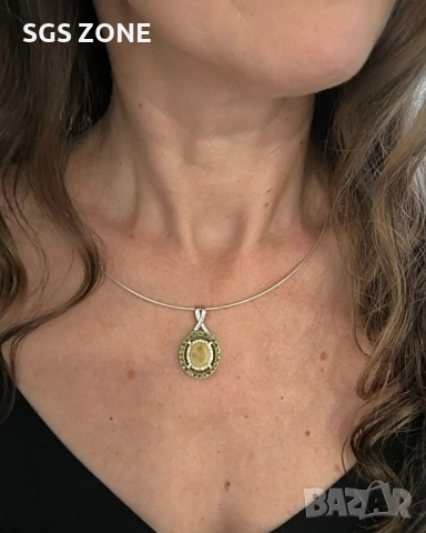 ЛУКСОЗЕН СРЕБЪРЕН ВИСУЛКА С ЖЪЛТ САПФИР, ОБГРАДЕН С ПЕРИДОТ ОТ ТАЙЛАНД, снимка 3 - Колиета, медальони, синджири - 52316723