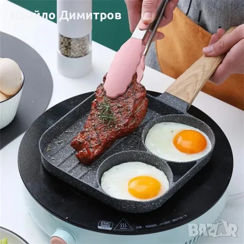 Мултифункционален тиган за закуска, незалепващ, дървена дръжка с 3 отделения, снимка 1