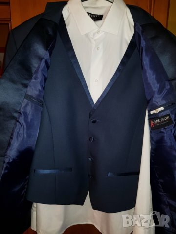 Модерен и стилен син мъжки костюм + елече +  риза + папийонка , снимка 8 - Костюми - 28972947