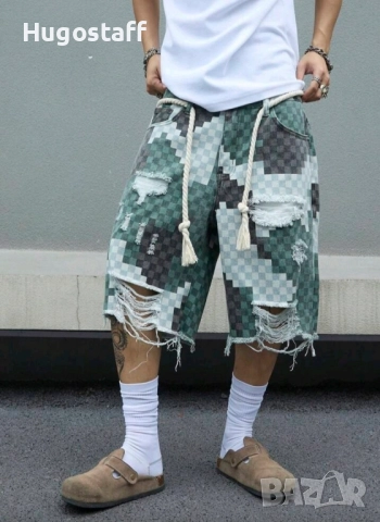 Нови къси панталони дънки скъсан ефект зелени Хл, снимка 2 - Дънки - 51779954