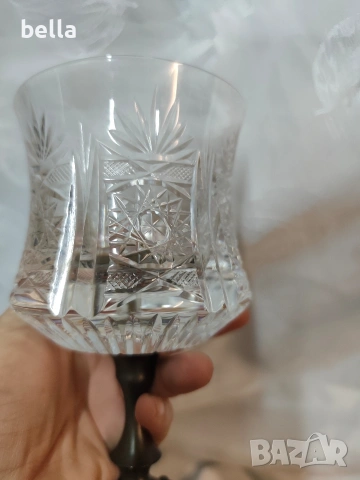 Антикварна чаша висококачествен калай (Pewter) и кристал, снимка 3 - Антикварни и старинни предмети - 53591362