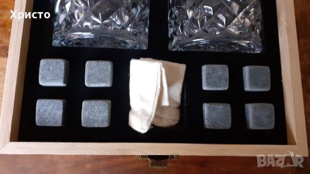 чаши масивни стъклени с каменни кубчета лед в масивна дървена кутия от естествен бамбук, снимка 4 - Чаши - 43440525