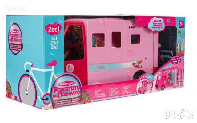 Розова каравана и велосипед с кукли, снимка 3 - Кукли - 43293387