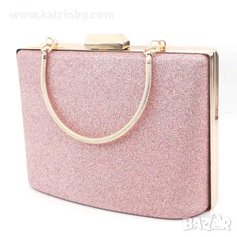 чанта клъч в розово твърда с дръжка за ръка и ситен брокат