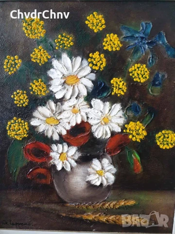 70х60см/голяма стара картина масло върху платно/натюрморт ваза с цветя/маргаритки/дървена рамка, снимка 2 - Картини - 51357434