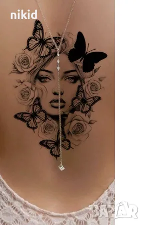 Жена момиче с пеперуди и рози черно бял временна татуировка татос татус Tattoo, снимка 3 - Други - 47273606