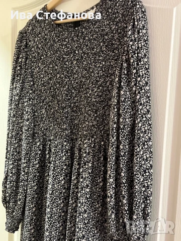 Нова елегантна ежедневна за маратонки черно бяла свободна кройка волни буфан ръкав флорален принт , снимка 3 - Рокли - 51414605