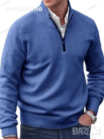 Ежедневен мъжки моден трикотажен пуловер с цип и ревер, 7цвята - 023 , снимка 6 - Пуловери - 43120580