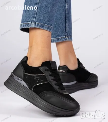 Черни дамски ниски кецове на платформа с циркони Julianna, снимка 2 - Кецове - 49425556