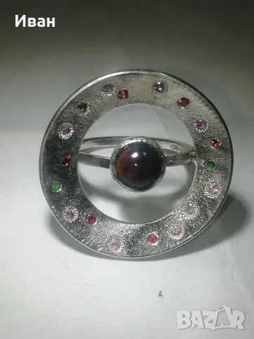 Сребърен пръстен с Опал 1.5кт аранжиран със Сапфири и Гранати , снимка 7 - Пръстени - 48285459